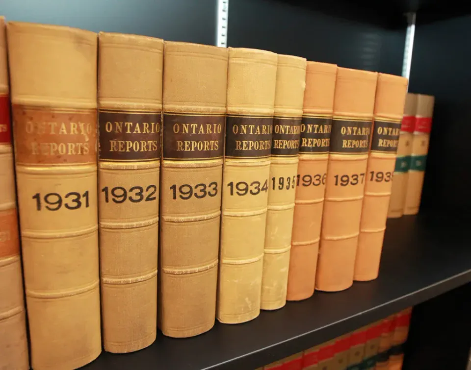 a row of Ontario Reports from the 1930s in the Harrison Pensa library