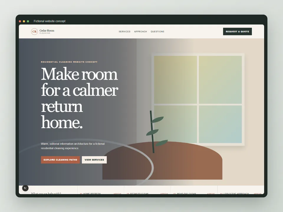 Abstract warm browser-frame preview for the LumaNest Home Cleaning website concept
