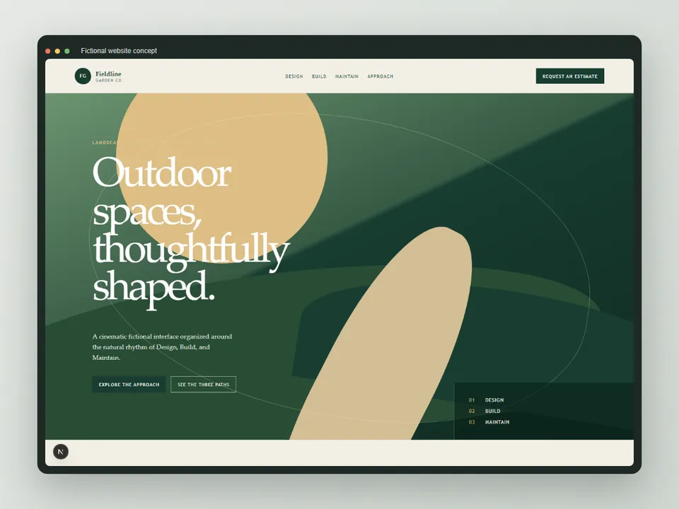 Abstract green browser-frame preview for the Meadow & Stone Lawn Care website concept