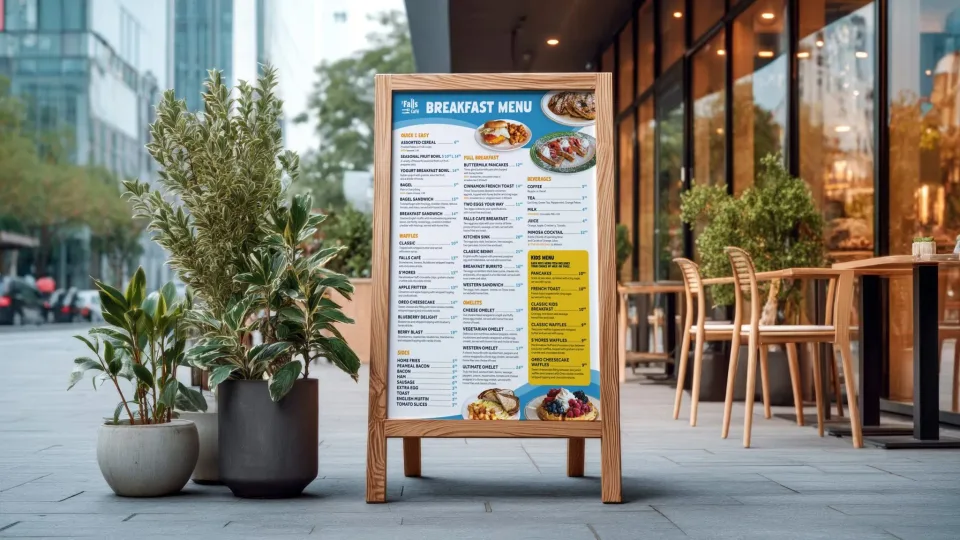 A wooden-framed breakfast menu sign stands on a pavement outside a café, surrounded by potted plants, with glass windows and outdoor seating visible in the background.