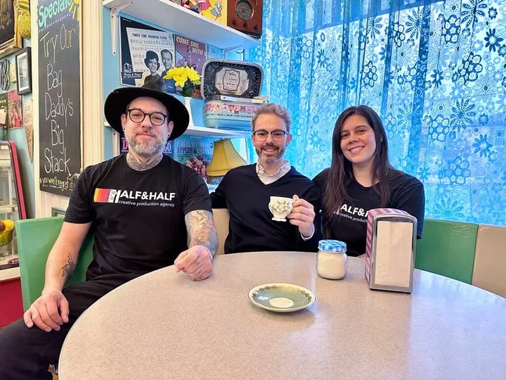 Paula Vergara and Federico Pereanez and the Half and half team with the Film London Officer Andrew Dodd for Nu9ve (Nin9) short film