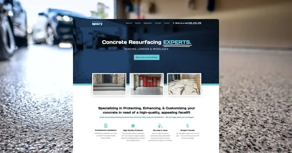 Screenshot of a contractor brand and website for concrete resurfacing experts, featuring photos of resurfaced floors, a headline, and service highlights; the background shows textured concrete flooring and a blurred garage scene.