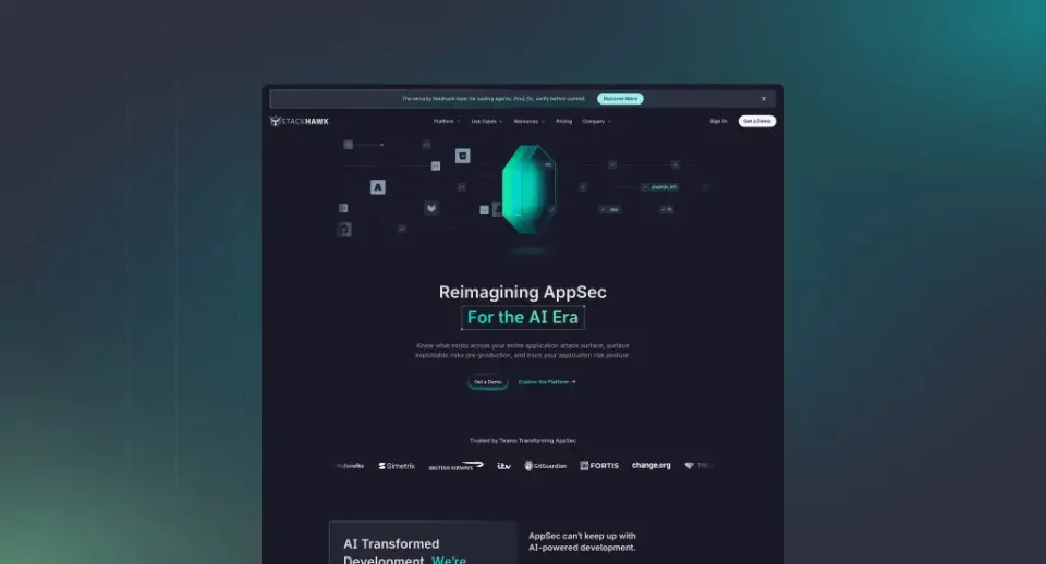 A dark-themed SaaS website design and development homepage for StackHawk, featuring a crystal with interconnected nodes. Headline reads Reimagining AppSec for the AI Era, with a developer tools marketing site vibe and company logos below.