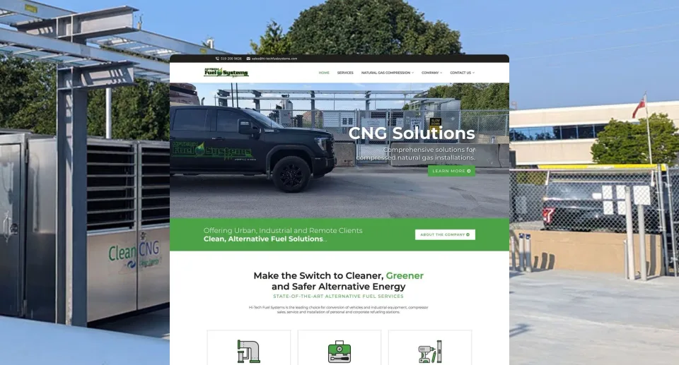 A website homepage for CNG Solutions is displayed on a monitor, featuring a green and white design with images of a lorry and a fuel station in the background, highlighting CNG company website Ontario branding and clean alternative fuel solutions.