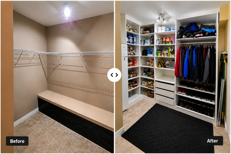Comparison of a walk-in closet before and after organization. The "Before" side shows an empty closet with beige walls, wire shelves, and tiled floors. The "After" side shows a neatly organized closet with shelves filled with food, beverages, and household items, clothing hanging on a rod, shoes on racks, and a black rug on the floor.