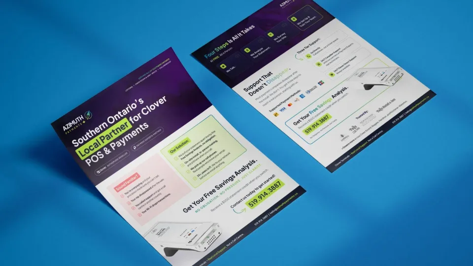 Two promotional leaflets on a blue surface showcase Azura Payments and Azimuth Payments, highlighting POS and payment solutions for Southern Ontario, with features, contact information, and a green telephone number box for savings analysis.