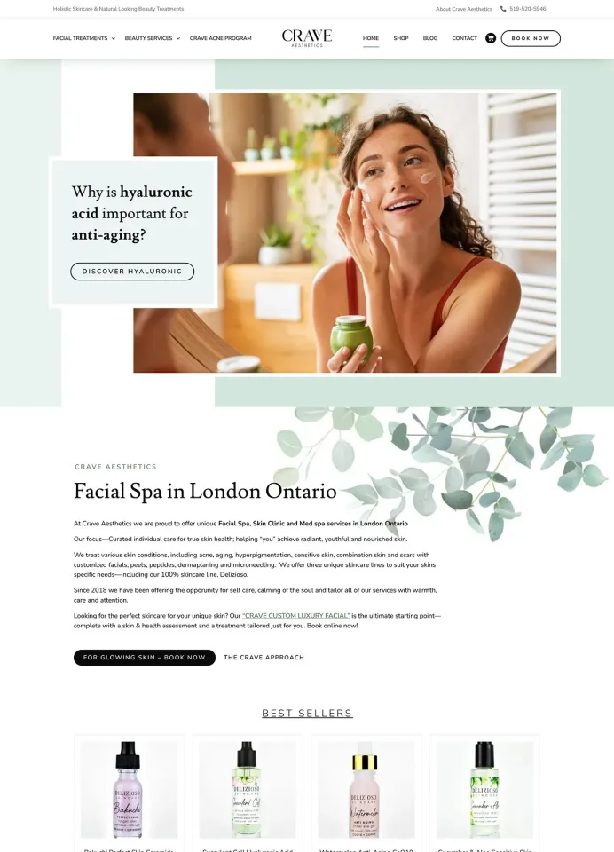 A smiling woman applies face cream in a bright, spa-like setting, holding a green jar. Below, text promotes a facial spa and highlights best-selling skincare products.