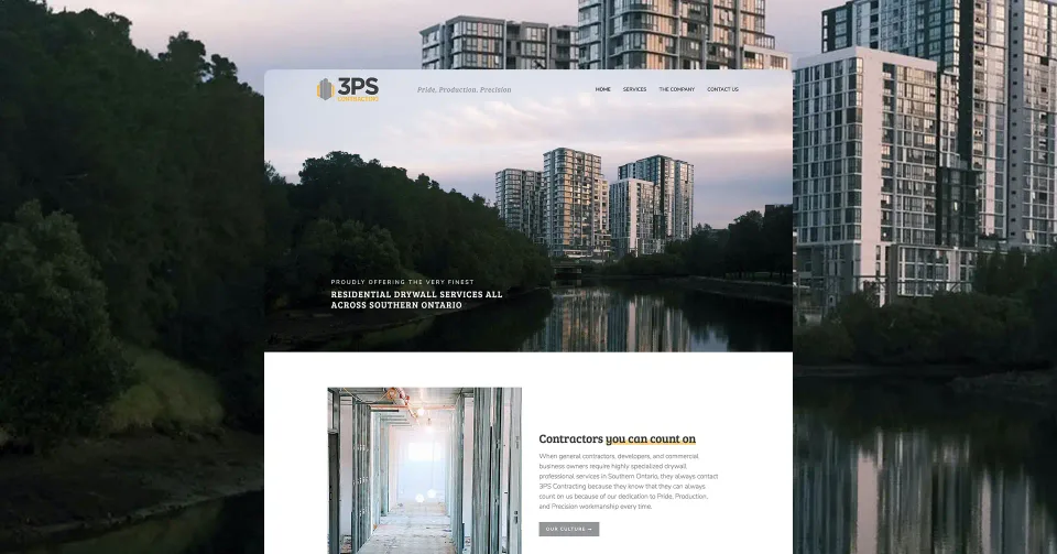 A website homepage for 3PS, a residential development company, is displayed over a background of modern flat buildings by a river with trees. The site showcases their logo, navigation menu, and service description..
