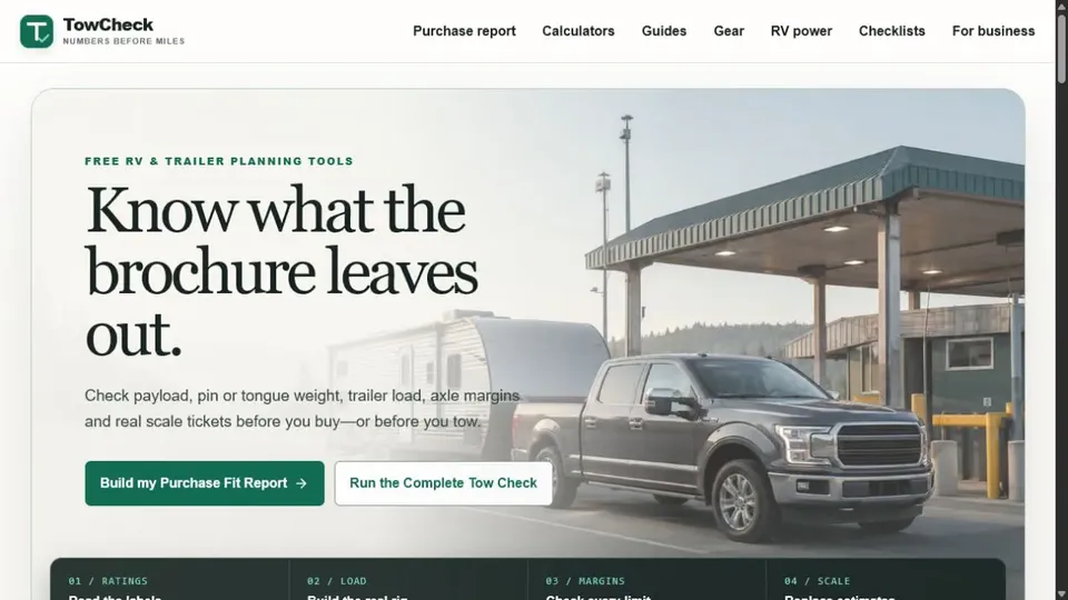 TowCheck homepage showing a pickup and travel trailer with towing calculator links