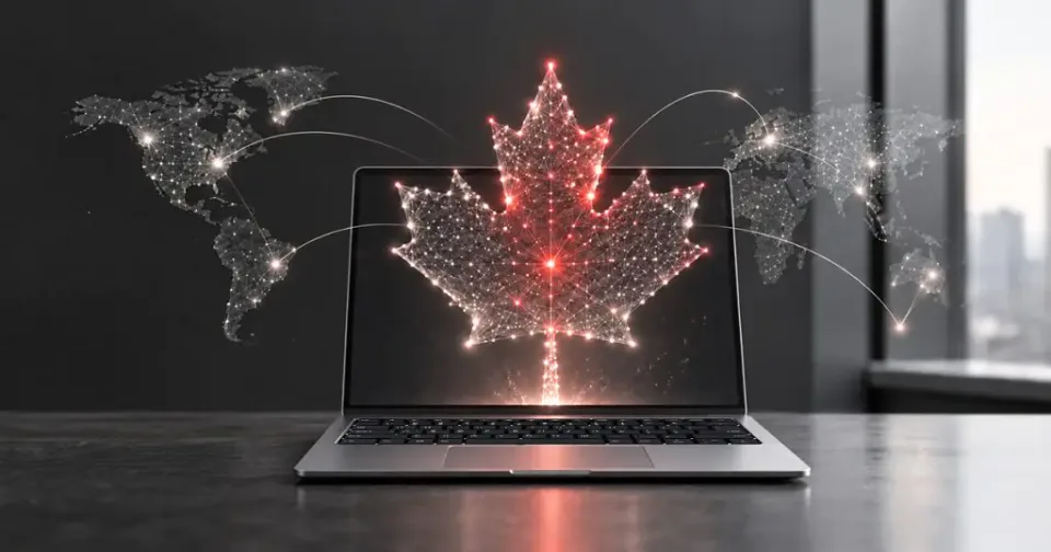 A laptop displays a digital red maple leaf with connected dots, symbolizing Canada, with world map lines indicating global connections, in an office setting.