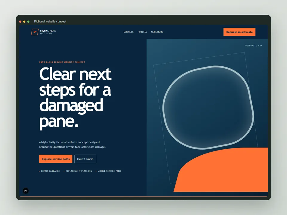 Abstract navy and orange browser-frame preview for the Northstar Shield Auto Glass website concept