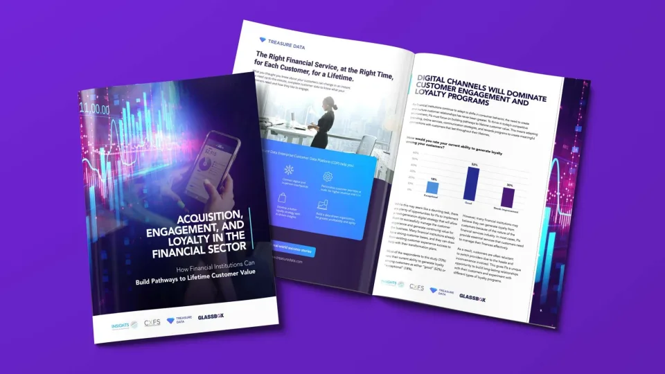Two brochures on a purple surface: one cover features a hand holding a mobile phone with finance-related graphics, while the open one displays charts and text about digital channels, showcasing modern lead magnet design for financial services.