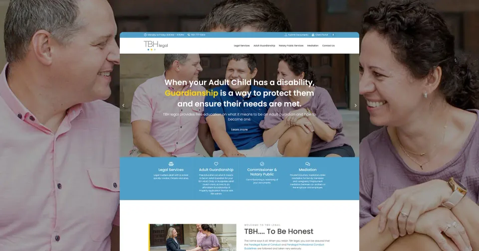 A law office web design homepage features a smiling family, two parents with an adult child, overlaid with text about guardianship for adults with disabilities. Approachable legal website design includes clear navigation and service options at the top and bottom.