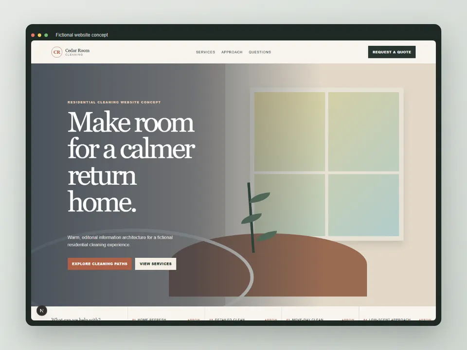 Abstract warm browser-frame preview for the LumaNest Home Cleaning website concept