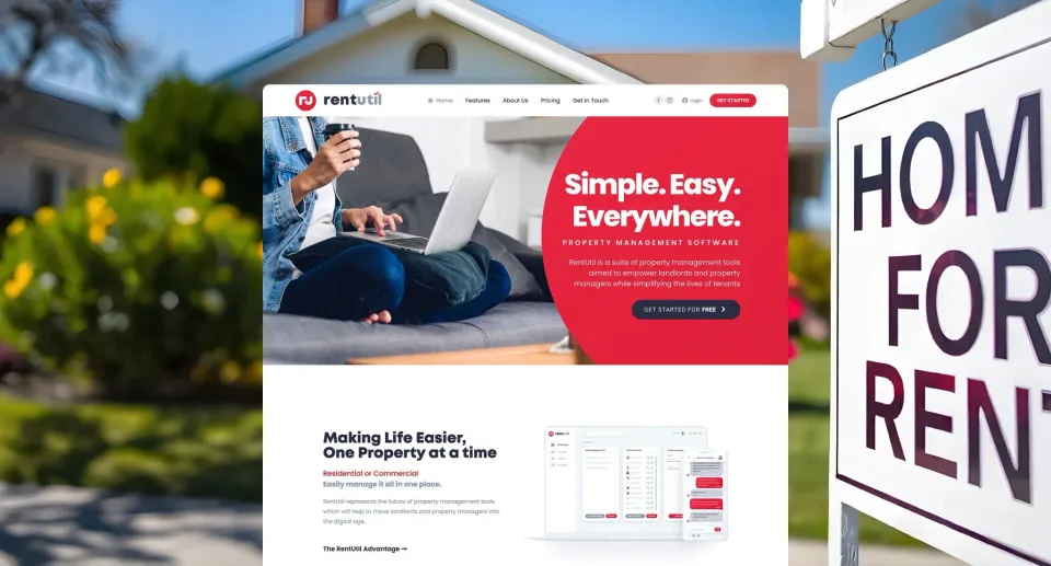 A rental management platform website for Rentutil is displayed on a laptop screen, with bold red and white colours. A Home to Let sign and a house are blurred in the background, showcasing modern proptech website design.