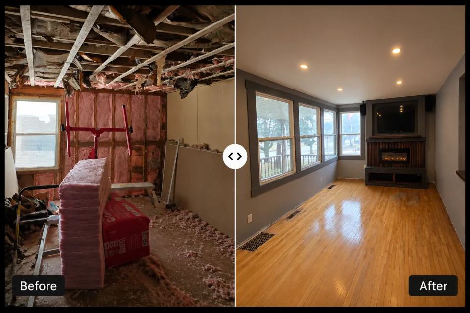 Comparison of a living room before and after renovation; the before side shows an unfinished room with exposed insulation, construction materials, and debris, while the after side shows a finished, clean, and furnished room with wooden flooring, large windows, and a fireplace with a TV mounted above.