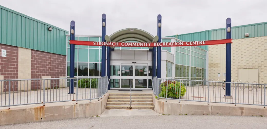 Stronach Recreation Centre  exterior. Photo date not stated.