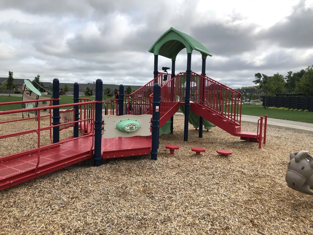 Playground at Foxfield District Park. Published in the source’s 2020 park visit report. Current equipment may differ.